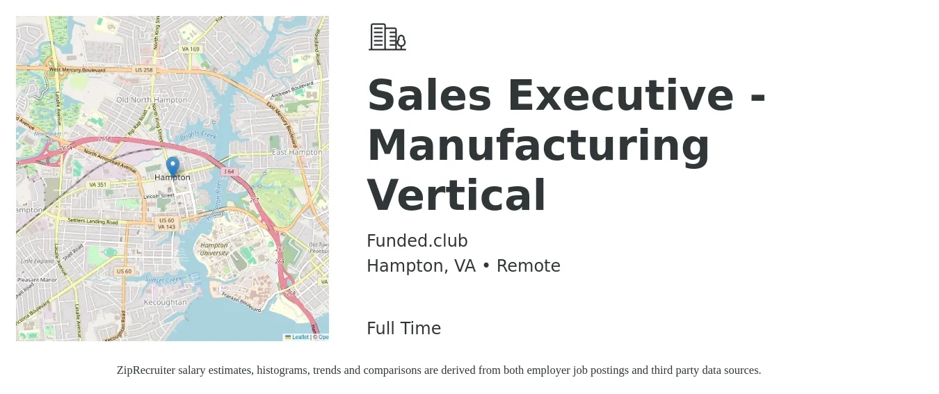Funded.club job posting for a Sales Executive - Manufacturing Vertical in Hampton, VA with a salary of $55,100 to $94,700 Yearly with a map of Hampton location.