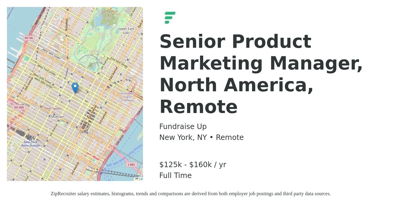 Fundraise Up job posting for a Senior Product Marketing Manager, North America, Remote in New York, NY with a salary of $125,000 to $160,000 Yearly with a map of New York location.