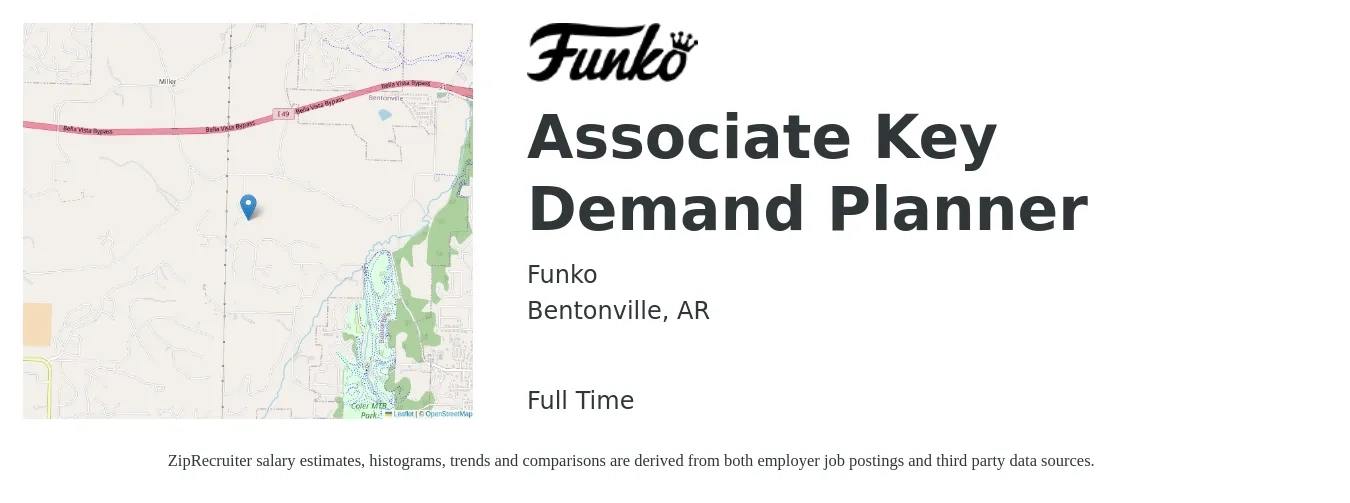 Funko job posting for a Associate Key Demand Planner in Bentonville, AR with a salary of $55,300 to $81,700 Yearly with a map of Bentonville location.