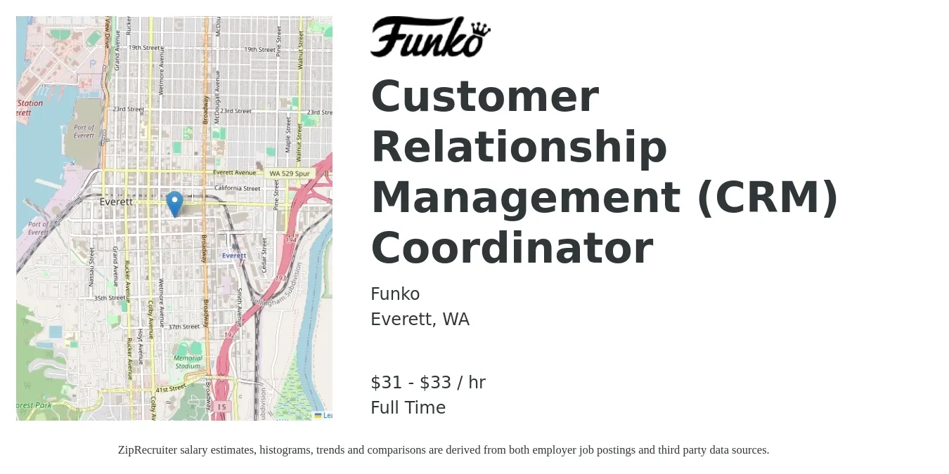Funko job posting for a Customer Relationship Management (CRM) Coordinator in Everett, WA with a salary of $32 to $35 Hourly with a map of Everett location.