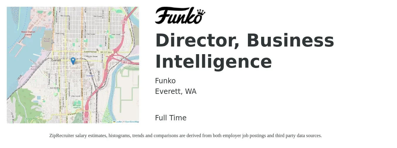 Funko job posting for a Director, Business Intelligence in Everett, WA with a salary of $150,000 to $200,000 Yearly with a map of Everett location.