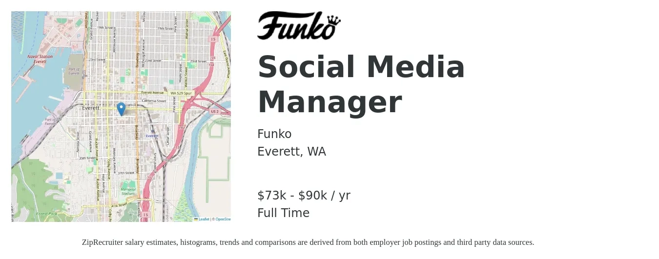 Funko job posting for a Social Media Manager in Everett, WA with a salary of $73,000 to $90,000 Yearly with a map of Everett location.