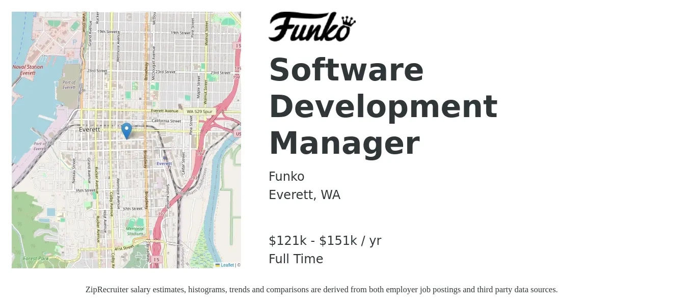 Funko job posting for a Software Development Manager in Everett, WA with a salary of $121,500 to $151,500 Yearly with a map of Everett location.
