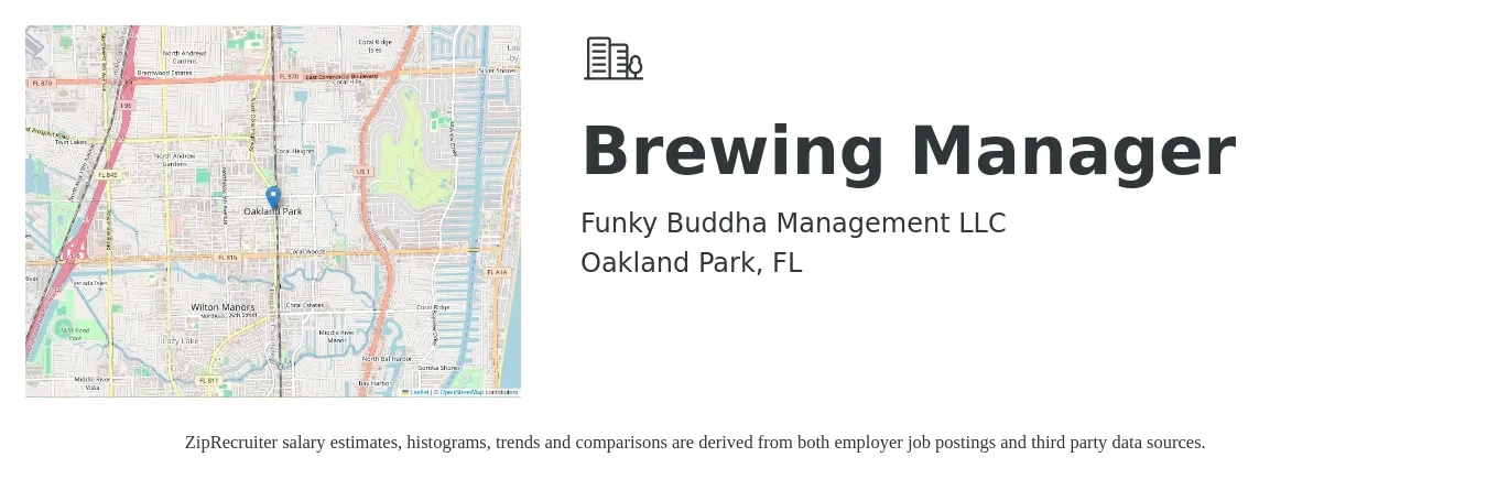 Funky Buddha Management LLC job posting for a Brewing Manager in Oakland Park, FL with a salary of $39,100 to $63,800 Yearly with a map of Oakland Park location.