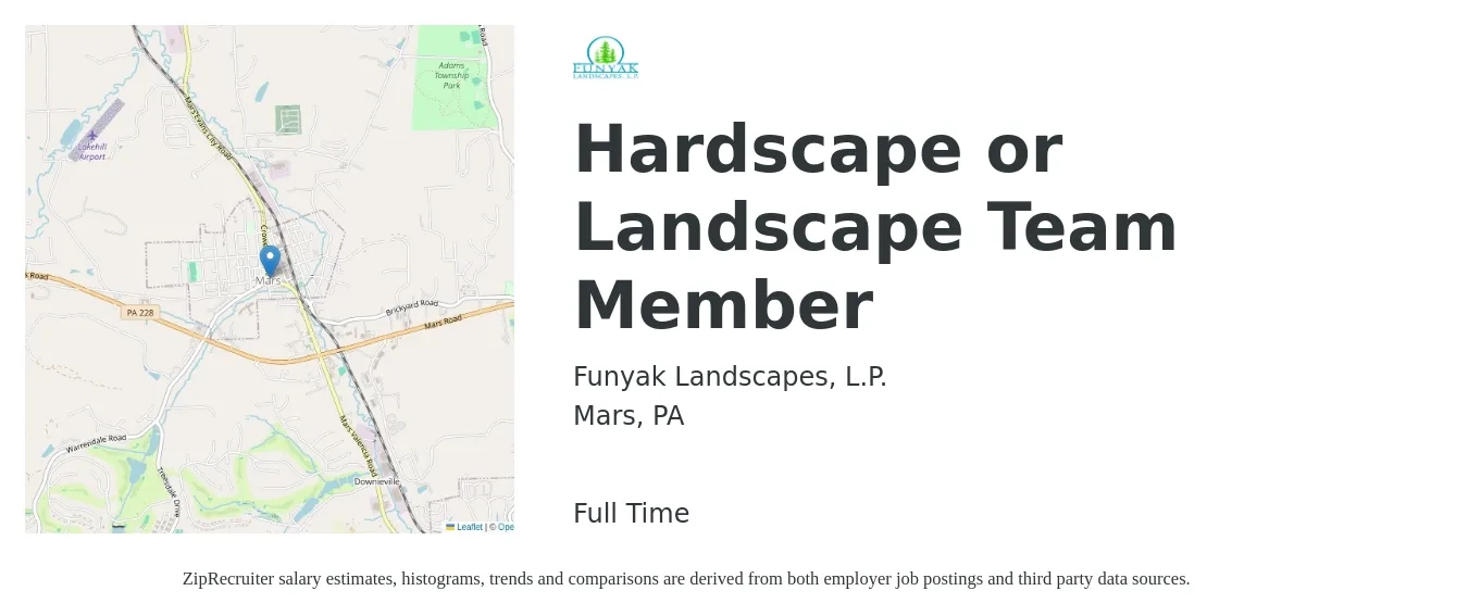 Funyak Landscapes, L.P. job posting for a Hardscape or Landscape Team Member in Mars, PA with a salary of $24 to $36 Hourly with a map of Mars location.