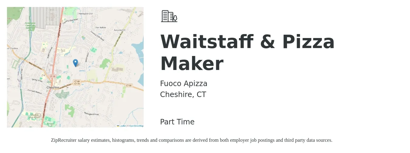 Fuoco Apizza job posting for a Waitstaff & Pizza Maker in Cheshire, CT with a map of Cheshire location.