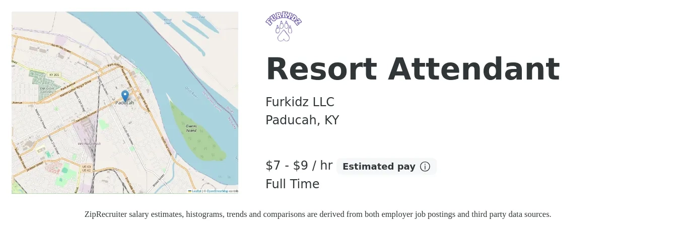 Furkidz LLC job posting for a Resort Attendant in Paducah, KY with a salary of $8 to $10 Hourly with a map of Paducah location.
