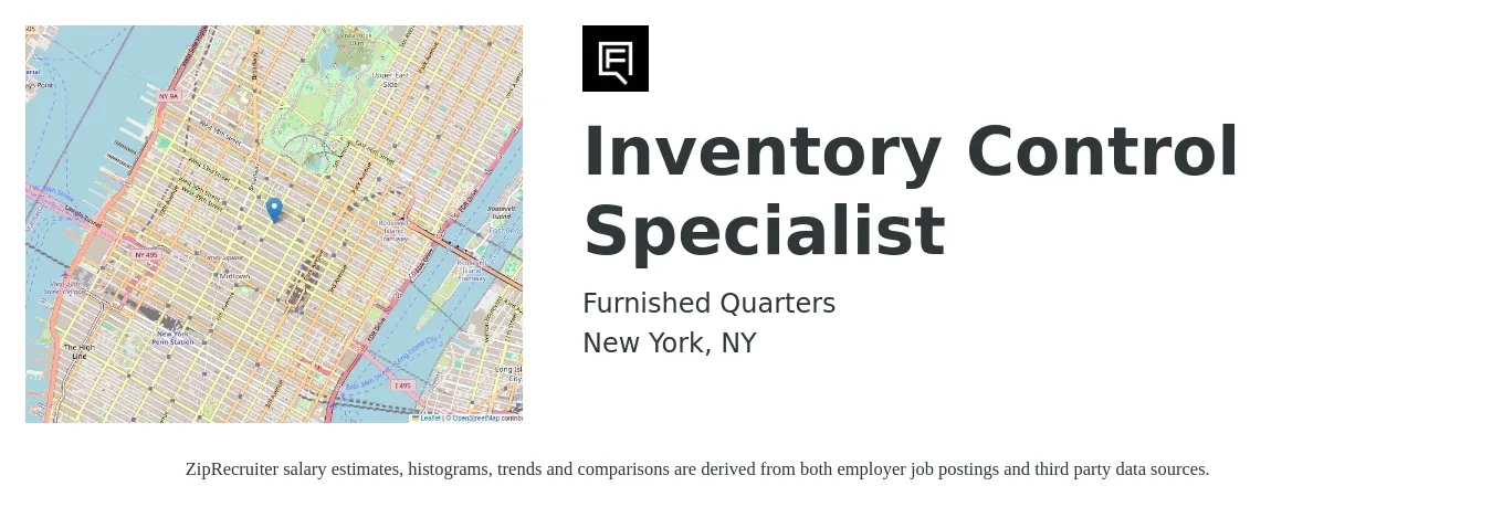 Furnished Quarters job posting for a Inventory Control Specialist in New York, NY with a salary of $21 to $24 Hourly with a map of New York location.