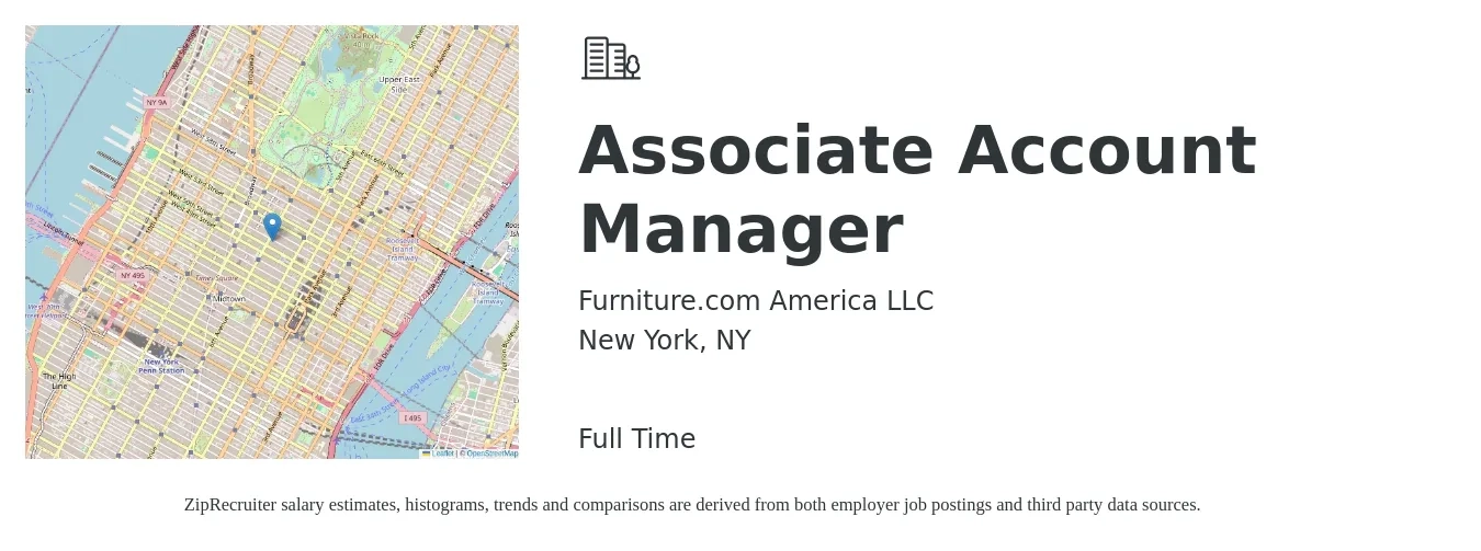 Furniture.com America LLC job posting for a Associate Account Manager in New York, NY with a salary of $134,600 to $140,000 Yearly with a map of New York location.