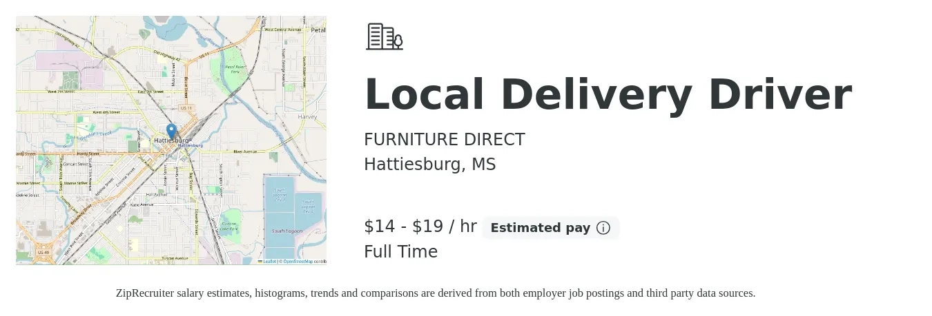 FURNITURE DIRECT job posting for a Local Delivery Driver in Hattiesburg, MS with a salary of $15 to $20 Hourly with a map of Hattiesburg location.