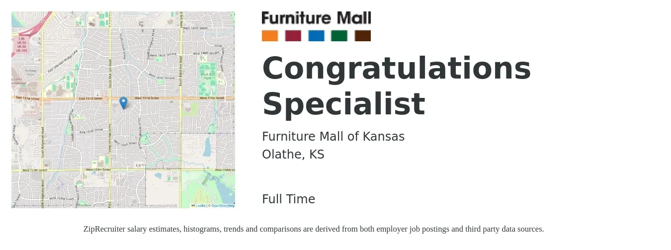 Furniture Mall of Kansas job posting for a Congratulations Specialist in Olathe, KS with a salary of $35,500 to $62,400 Yearly with a map of Olathe location.