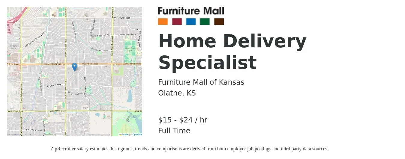 Furniture Mall of Kansas job posting for a Home Delivery Specialist in Olathe, KS with a salary of $16 to $25 Hourly with a map of Olathe location.