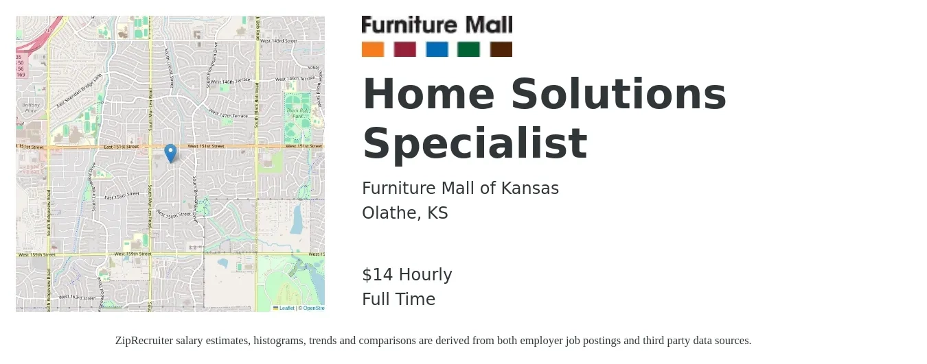 Furniture Mall of Kansas job posting for a Home Solutions Specialist in Olathe, KS with a salary of $15 Hourly with a map of Olathe location.