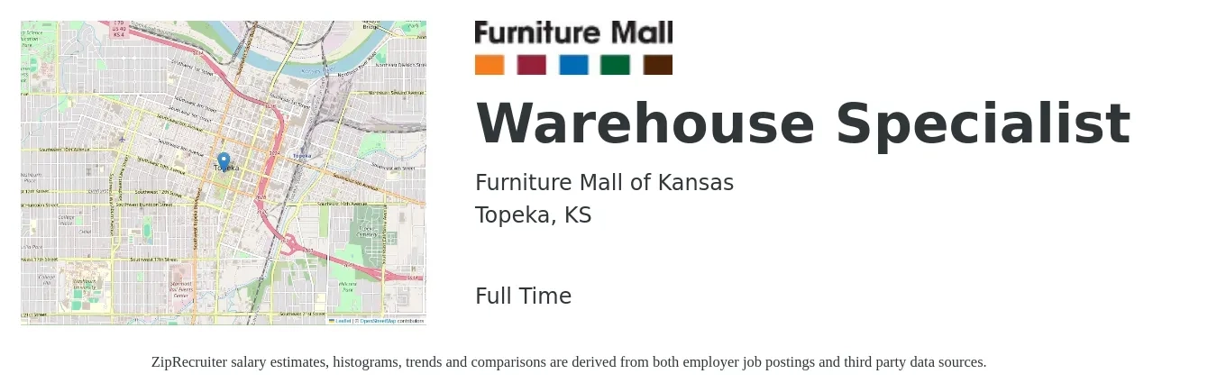 Furniture Mall of Kansas job posting for a Warehouse Specialist in Topeka, KS with a salary of $16 to $20 Hourly with a map of Topeka location.