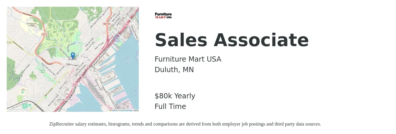 Furniture Mart USA job posting for a Sales Associate in Duluth, MN with a salary of $80,000 Yearly with a map of Duluth location.