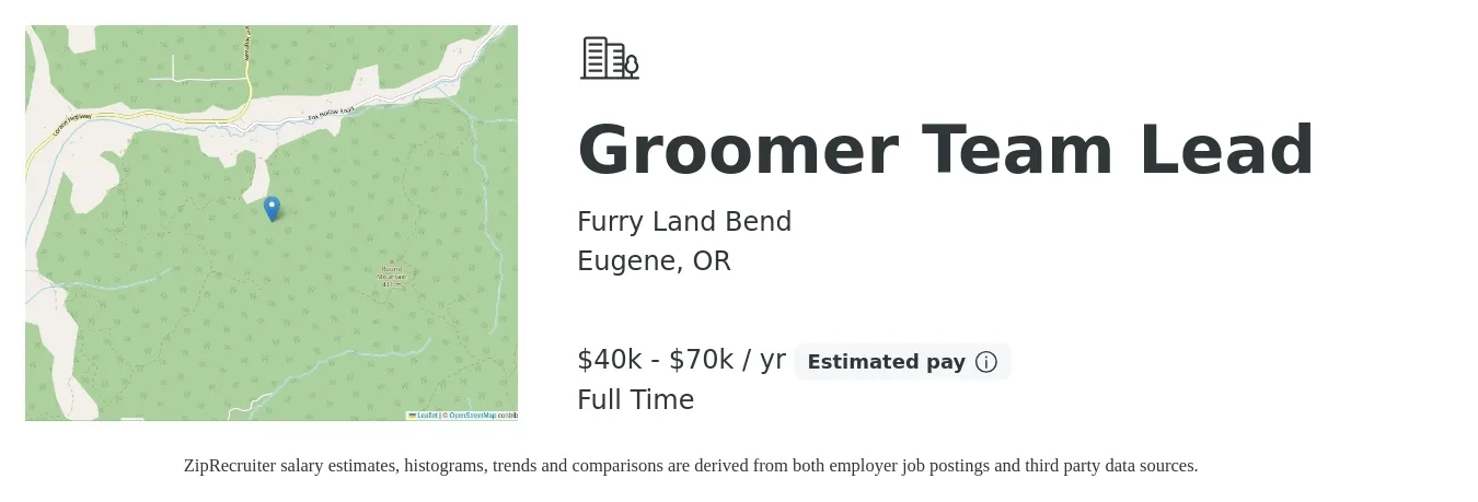 Furry Land Bend job posting for a Groomer Team Lead in Eugene, OR with a salary of $40,000 to $70,000 Yearly with a map of Eugene location.