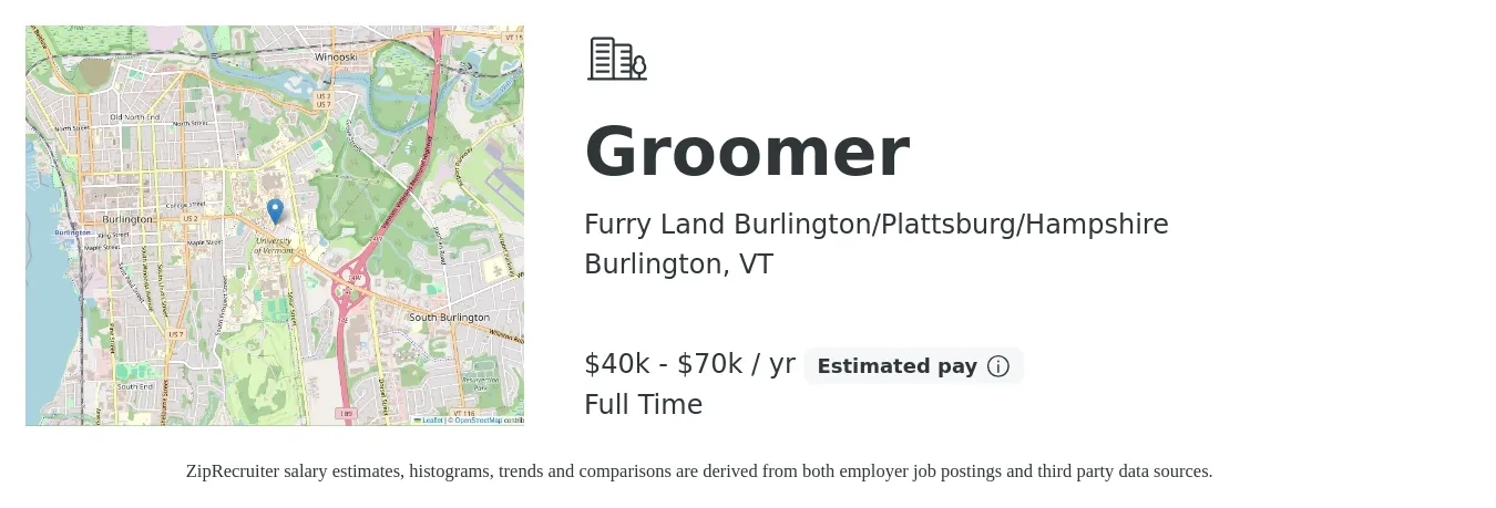 Furry Land Burlington/Plattsburg/Hampshire job posting for a Groomer in Burlington, VT with a salary of $40,000 to $70,000 Yearly with a map of Burlington location.