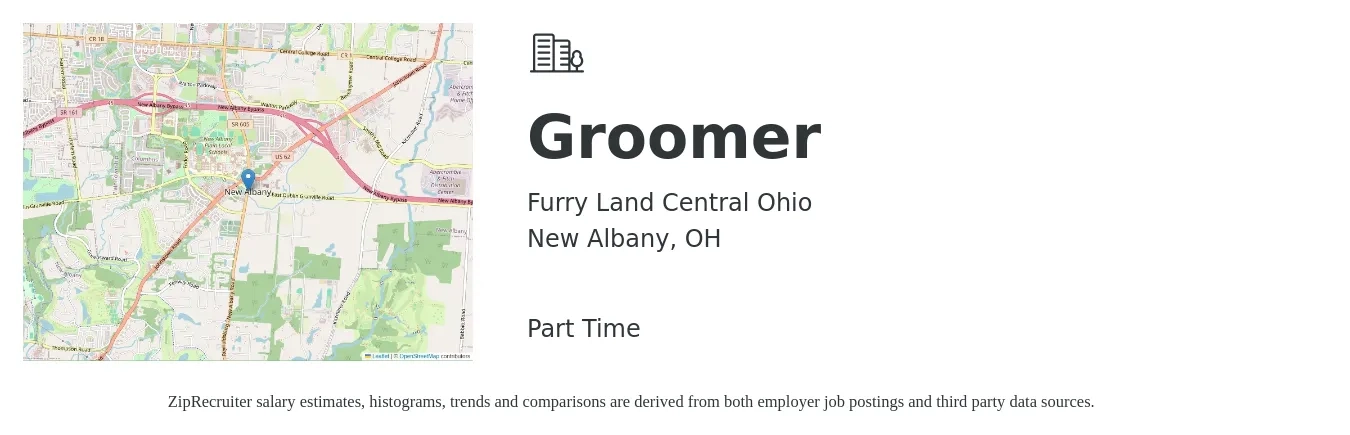 Furry Land Central Ohio job posting for a Groomer in New Albany, OH with a salary of $1,500 to $2,000 Monthly with a map of New Albany location.