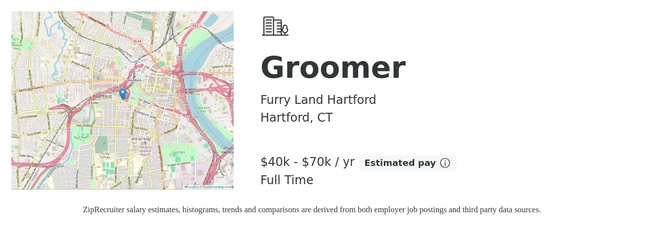 Furry Land Hartford job posting for a Groomer in Hartford, CT with a salary of $40,000 to $70,000 Yearly with a map of Hartford location.