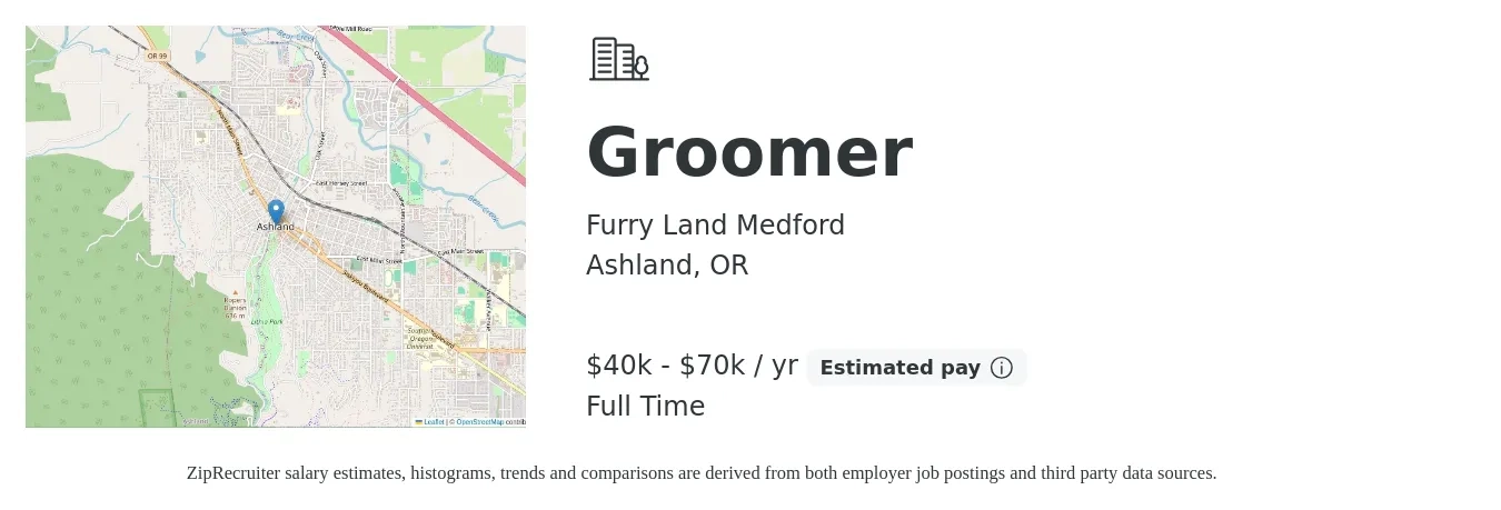 Furry Land Medford job posting for a Groomer in Ashland, OR with a salary of $40,000 to $70,000 Yearly with a map of Ashland location.