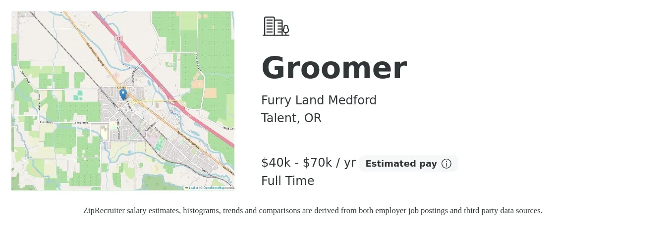 Furry Land Medford job posting for a Groomer in Talent, OR with a salary of $40,000 to $70,000 Yearly with a map of Talent location.