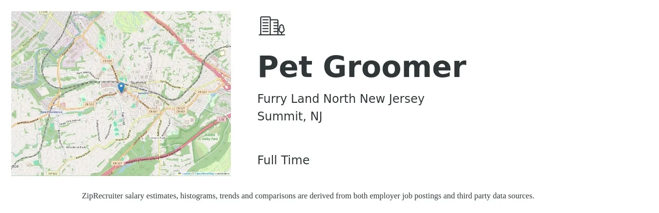 Furry Land North New Jersey job posting for a Pet Groomer in Summit, NJ with a salary of $250 to $500 Daily with a map of Summit location.