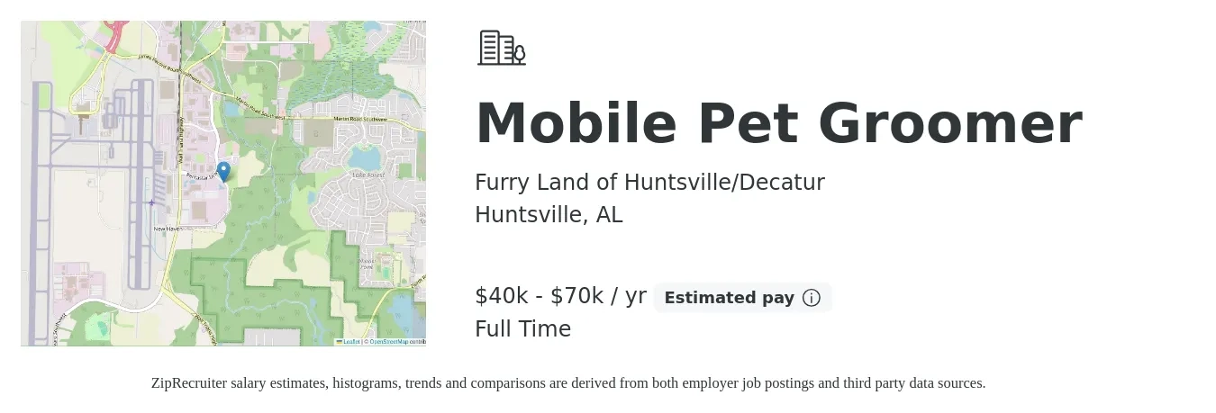 Furry Land of Huntsville/Decatur job posting for a Mobile Pet Groomer in Huntsville, AL with a salary of $40,000 to $70,000 Yearly with a map of Huntsville location.
