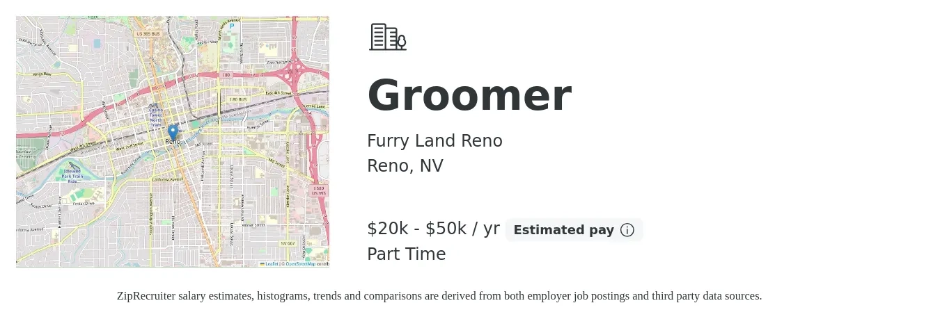 Furry Land Reno job posting for a Groomer in Reno, NV with a salary of $40,000 to $100,000 Yearly with a map of Reno location.