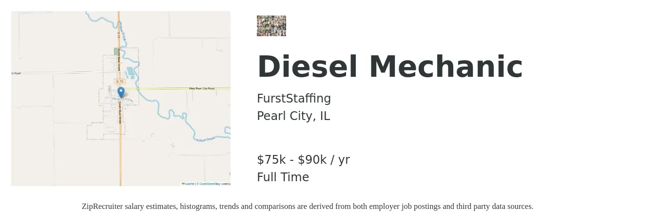 FurstStaffing job posting for a Diesel Mechanic in Pearl City, IL with a salary of $75,000 to $90,000 Yearly with a map of Pearl City location.