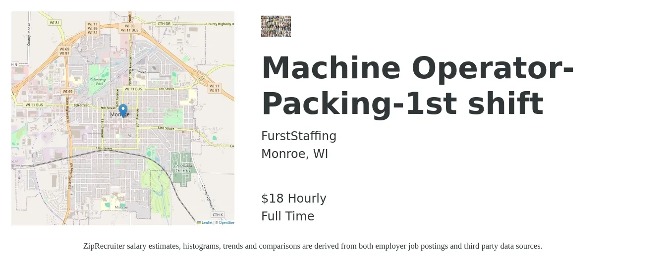 FurstStaffing job posting for a Machine Operator-Packing-1st shift in Monroe, WI with a salary of $20 Hourly with a map of Monroe location.