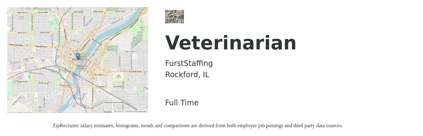 FurstStaffing job posting for a Veterinarian in Rockford, IL with a salary of $112,100 to $218,200 Yearly with a map of Rockford location.