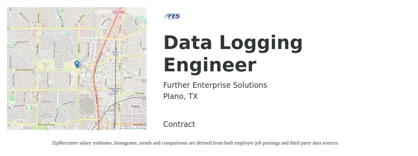 Further Enterprise Solutions job posting for a Data Logging Engineer in Plano, TX with a salary of $110,200 to $132,400 Yearly with a map of Plano location.