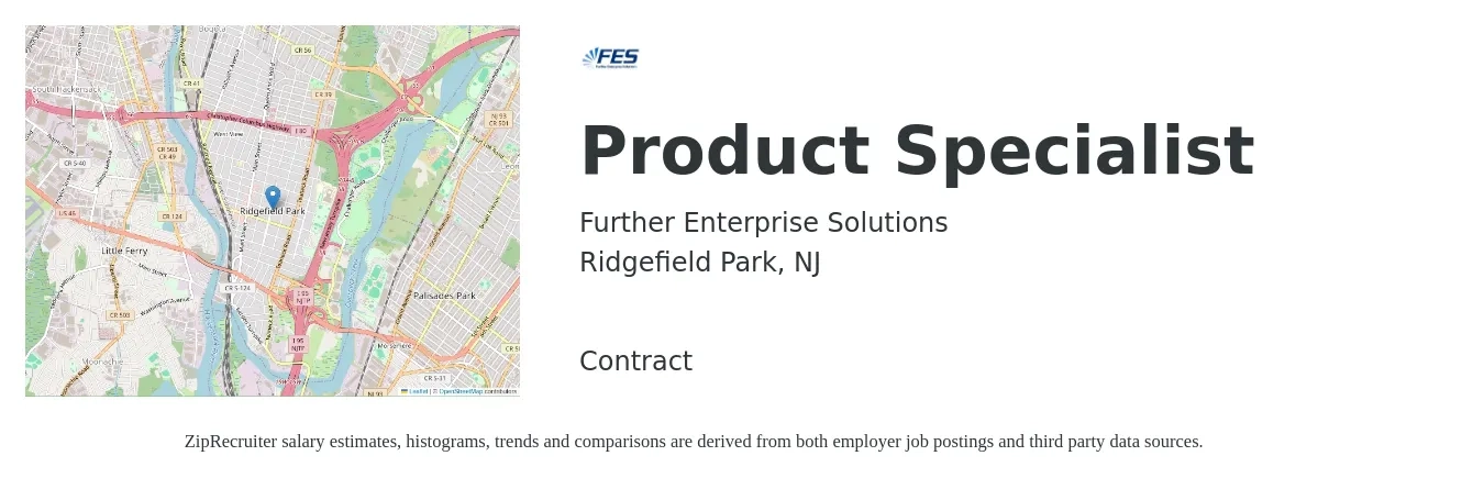 Further Enterprise Solutions job posting for a Product Specialist in Ridgefield Park, NJ with a salary of $19 to $38 Hourly with a map of Ridgefield Park location.
