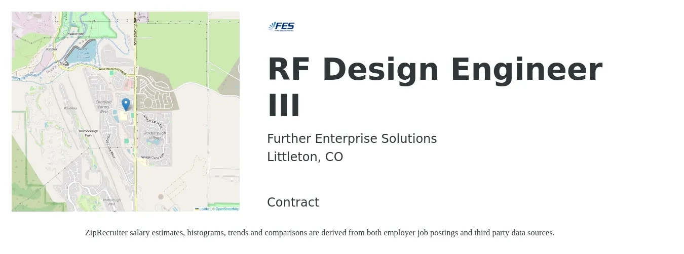 Further Enterprise Solutions job posting for a RF Design Engineer III in Littleton, CO with a salary of $95,700 to $136,400 Yearly with a map of Littleton location.