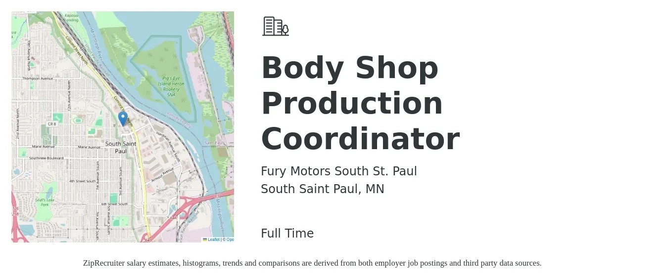 Fury Motors South St. Paul job posting for a Body Shop Production Coordinator in South Saint Paul, MN with a salary of $18 to $38 Hourly with a map of South Saint Paul location.