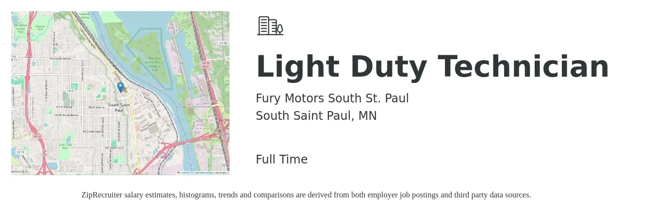 Fury Motors South St. Paul job posting for a Light Duty Technician in South Saint Paul, MN with a map of South Saint Paul location.