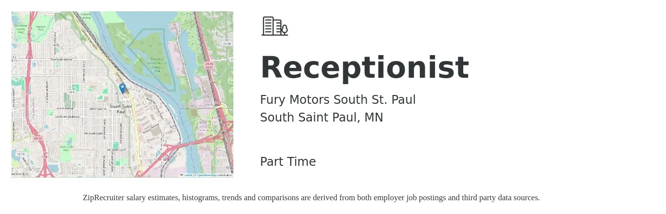 Fury Motors South St. Paul job posting for a Receptionist in South Saint Paul, MN with a salary of $16 to $21 Hourly with a map of South Saint Paul location.
