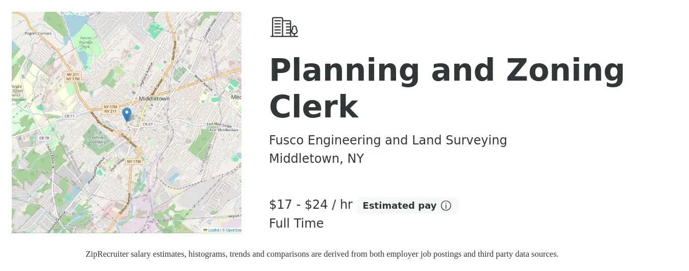 Fusco Engineering and Land Surveying job posting for a Planning and Zoning Clerk in Middletown, NY with a salary of $18 to $25 Hourly with a map of Middletown location.