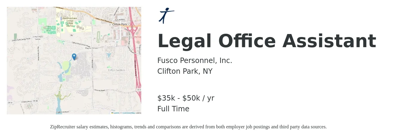Fusco Personnel, Inc. job posting for a Legal Office Assistant in Clifton Park, NY with a salary of $35,000 to $50,000 Yearly with a map of Clifton Park location.