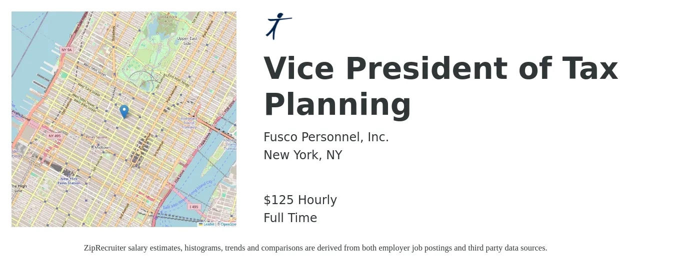 Fusco Personnel, Inc. job posting for a Vice President of Tax Planning in New York, NY with a salary of $130 Hourly with a map of New York location.
