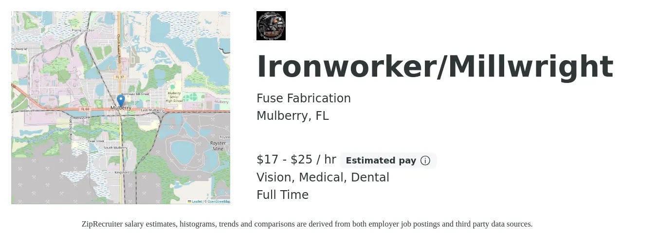Fuse Fabrication job posting for a Ironworker/Millwright in Mulberry, FL with a salary of $18 to $26 Hourly and benefits including dental, life_insurance, medical, pto, and vision with a map of Mulberry location.