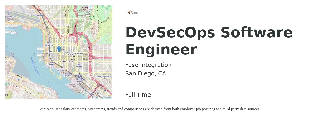 Fuse Integration job posting for a DevSecOps Software Engineer in San Diego, CA with a salary of $127,400 to $183,700 Yearly with a map of San Diego location.