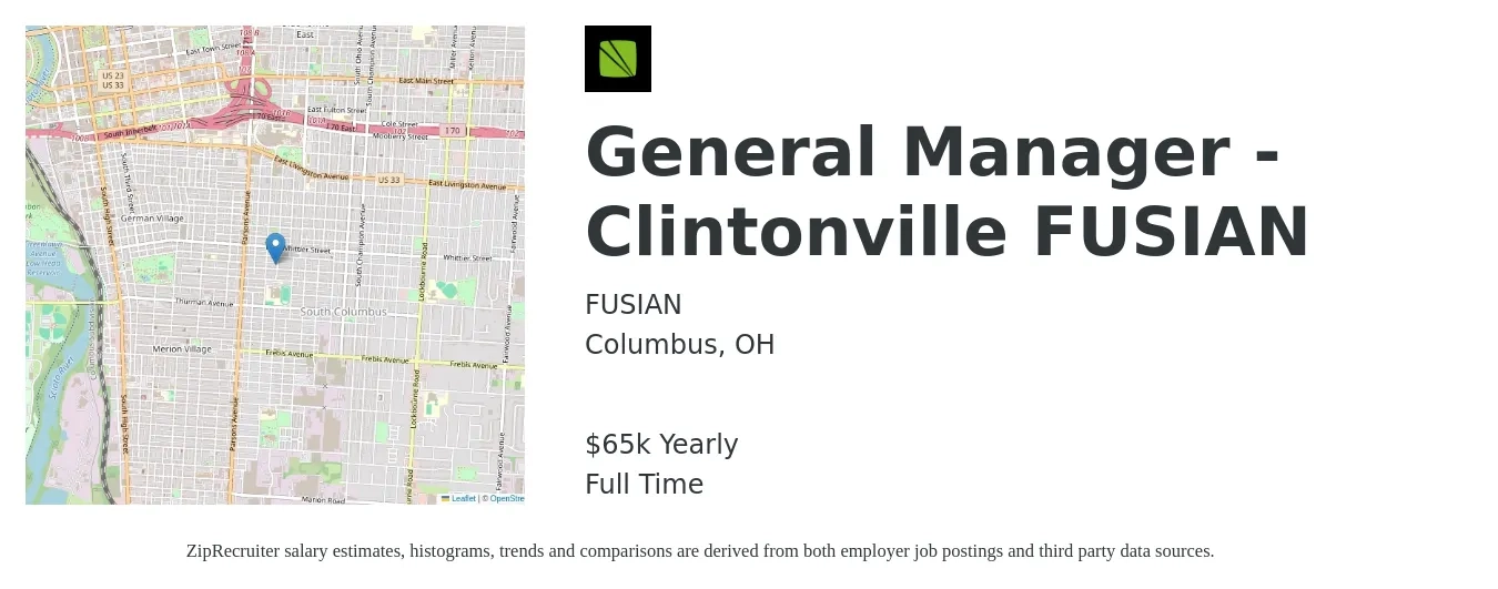 FUSIAN job posting for a General Manager - Clintonville FUSIAN in Columbus, OH with a salary of $65,000 Yearly with a map of Columbus location.