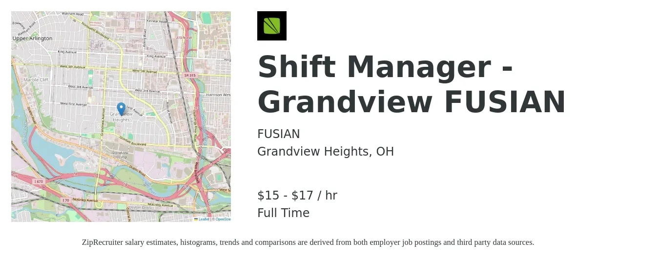 FUSIAN job posting for a Shift Manager - Grandview FUSIAN in Grandview Heights, OH with a salary of $16 to $18 Hourly with a map of Grandview Heights location.