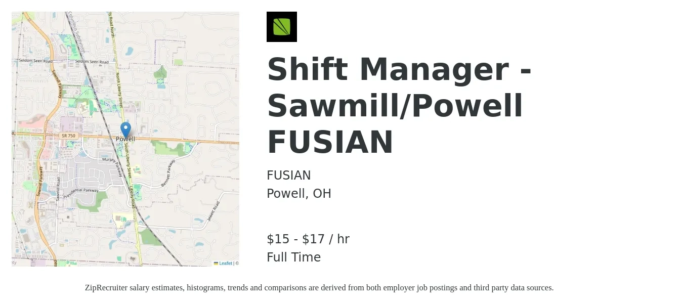 FUSIAN job posting for a Shift Manager - Sawmill/Powell FUSIAN in Powell, OH with a salary of $16 to $18 Hourly with a map of Powell location.
