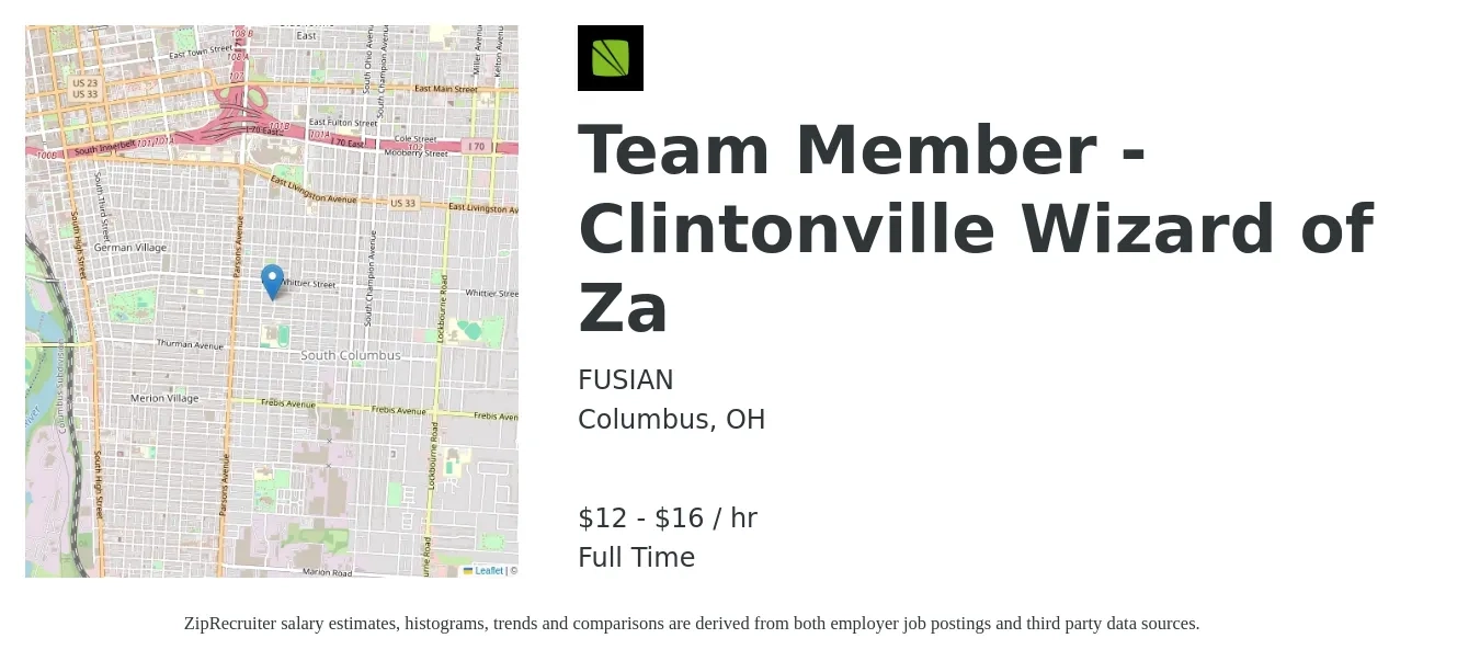 FUSIAN job posting for a Team Member - Clintonville Wizard of Za in Columbus, OH with a salary of $14 to $18 Hourly with a map of Columbus location.