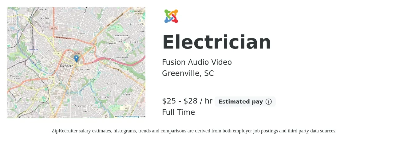 Fusion Audio Video job posting for a Electrician in Greenville, SC with a salary of $26 to $30 Hourly with a map of Greenville location.