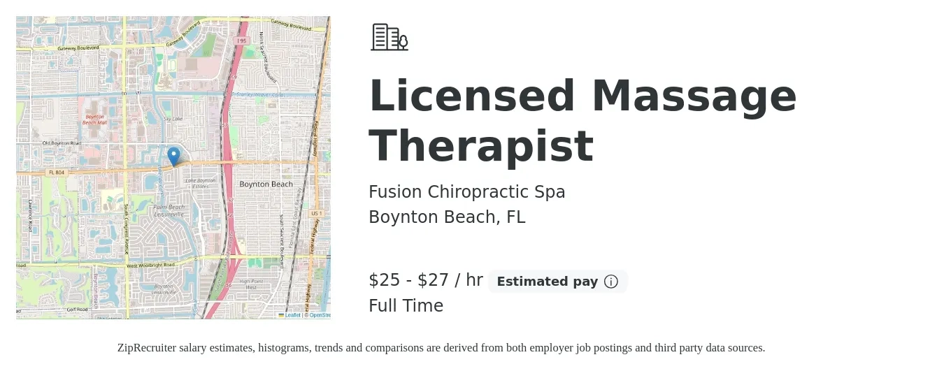 Fusion Chiropractic Spa job posting for a Licensed Massage Therapist in Boynton Beach, FL with a salary of $26 to $29 Hourly with a map of Boynton Beach location.
