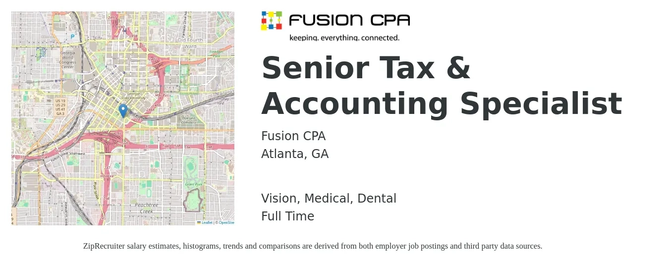 Fusion CPA job posting for a Senior Tax & Accounting Specialist in Atlanta, GA with a salary of $78,900 to $101,000 Yearly and benefits including dental, medical, and vision with a map of Atlanta location.