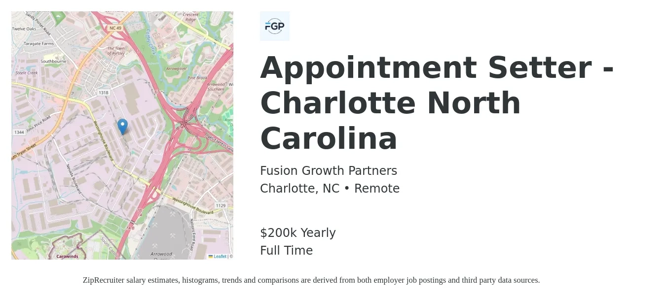 Fusion Growth Partners job posting for a Appointment Setter - Charlotte North Carolina in Charlotte, NC with a salary of $200,000 Yearly with a map of Charlotte location.